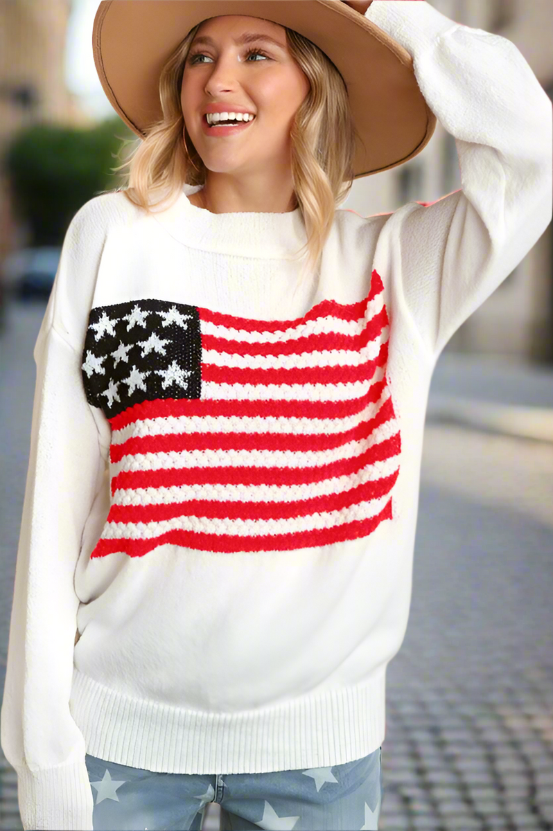 American Flag Print Crew Neck Sweater